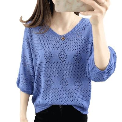 Loose Spring and Summer V-neck Hollow Knitted Sweater Women Outsourcing Viral Trends Casual Batman Top Women's Thin