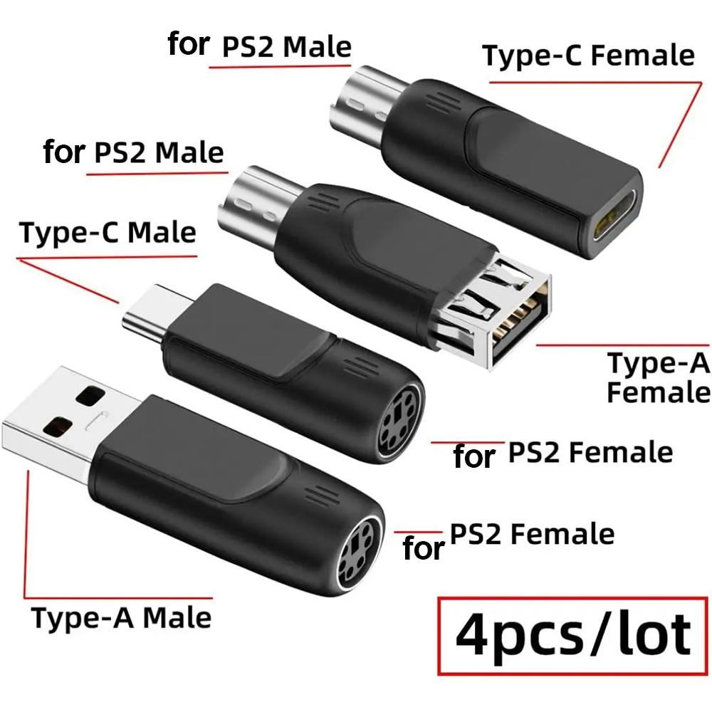 1-4PCS for PS2 To USB A/USB-C Male To Female Adapters Universal Game Console Converters for PS 2 Mouse Keyboard Laptop Connector