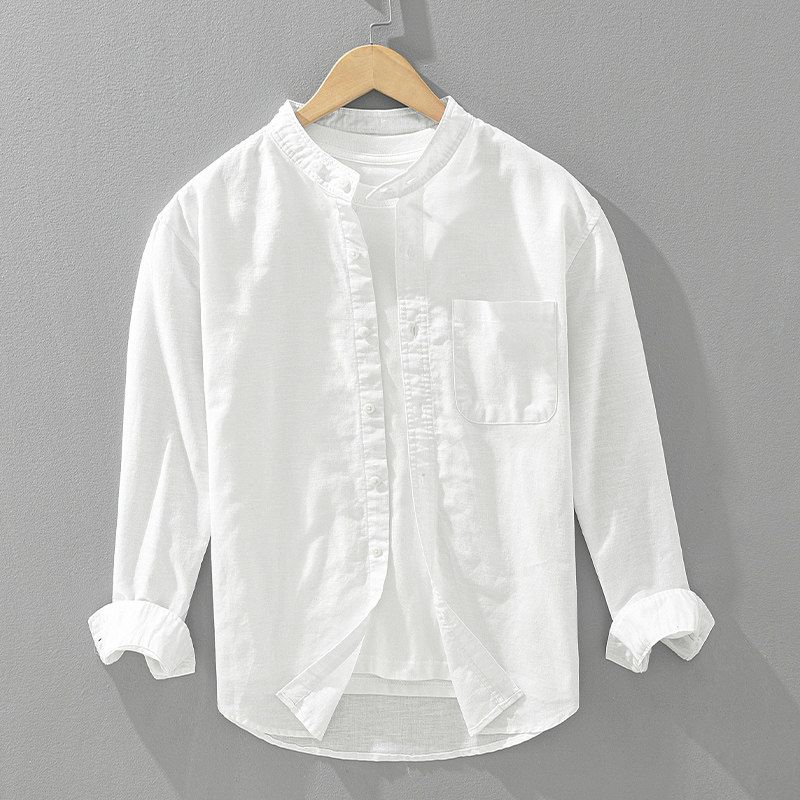 Japanese-Style Casual Cotton-Linen Stand-Collar Long-Sleeve Shirt for Men, Loose and Breathable Linen Top for Spring and Autumn