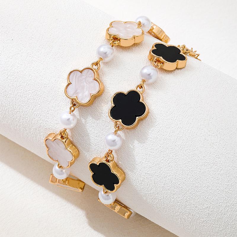 2026 New Classic Five Leaf Flower Charm Bracelet for Women Pearl Splice Chain Wristband Drip Glaze Bangle Luxury Jewelry Gifts