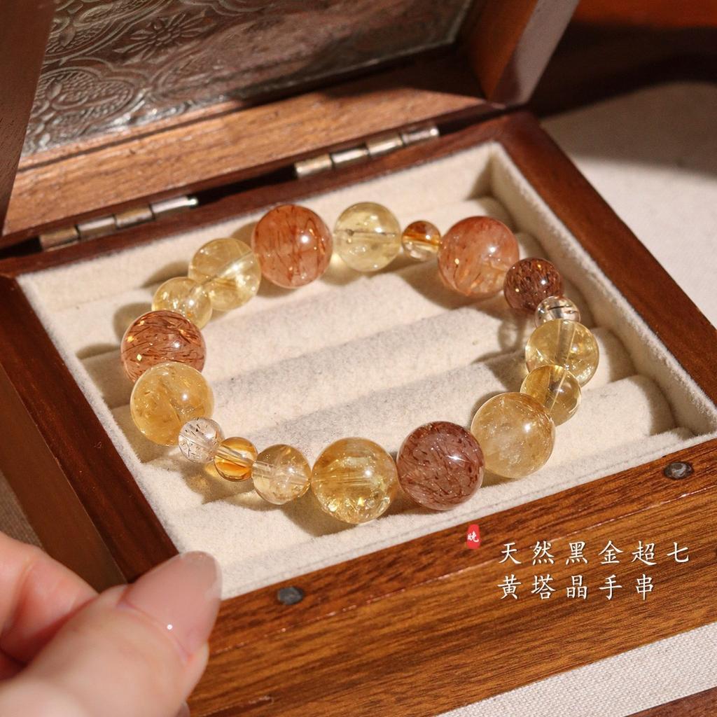 Natural Yellow Tower Crystal Black Gold Super Seven Multi-Gemstone Bracelet Attract wealth and prosper in career New Chinese Style Bracelet