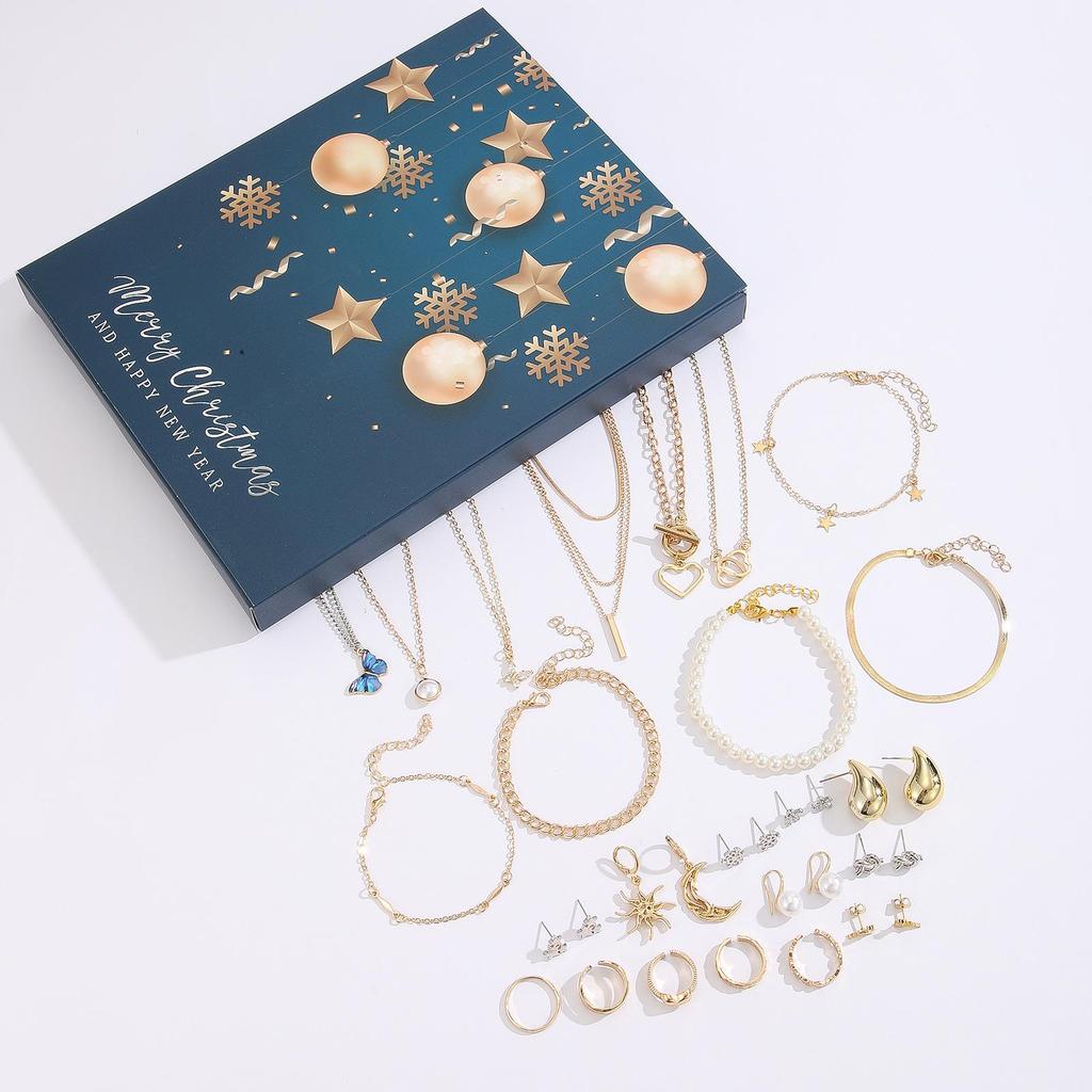 Holiday Gold Jewelry Set: Necklace, Beaded Bracelet, Ring, Earrings & Advent DIY Gift Box