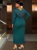 Plus Size Beaded Tassel Long Sleeve V-Neck Bodycon Maxi Dress - Elegant Formal Gown