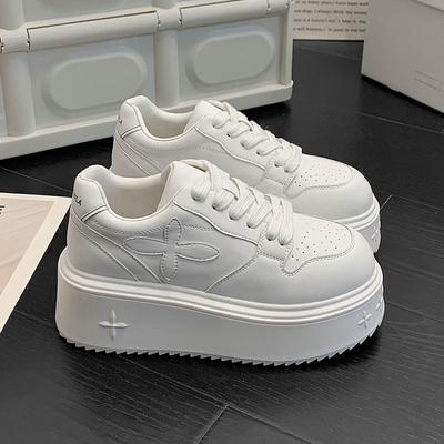 Zapatos de Mujer con Suela Gruesa Punta Redonda Zapatos Blancos para Mujer en Primavera y Otoño Nuevo Estilo de Suela de Bizcocho Tacón Alto con Cordones Casual Zapatos de Tabla