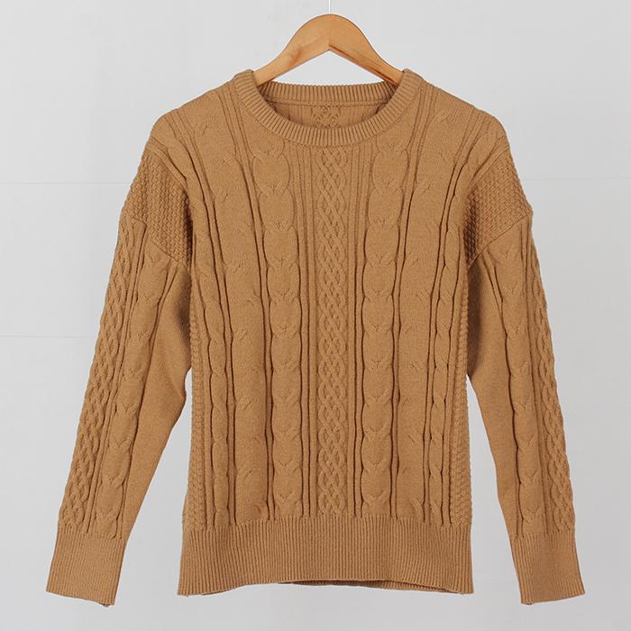 Ppaeppae Round Neck Voluminous Cable Knit Loose Fit Long Sleeve Knit T-Shirt 4 Colors