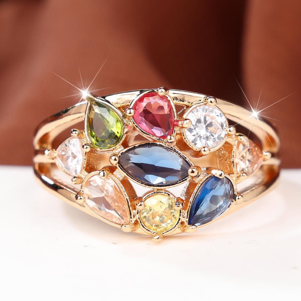 Charming Gold Color Ring for Women Multi Color Zircon Fashion Jewelry Gift