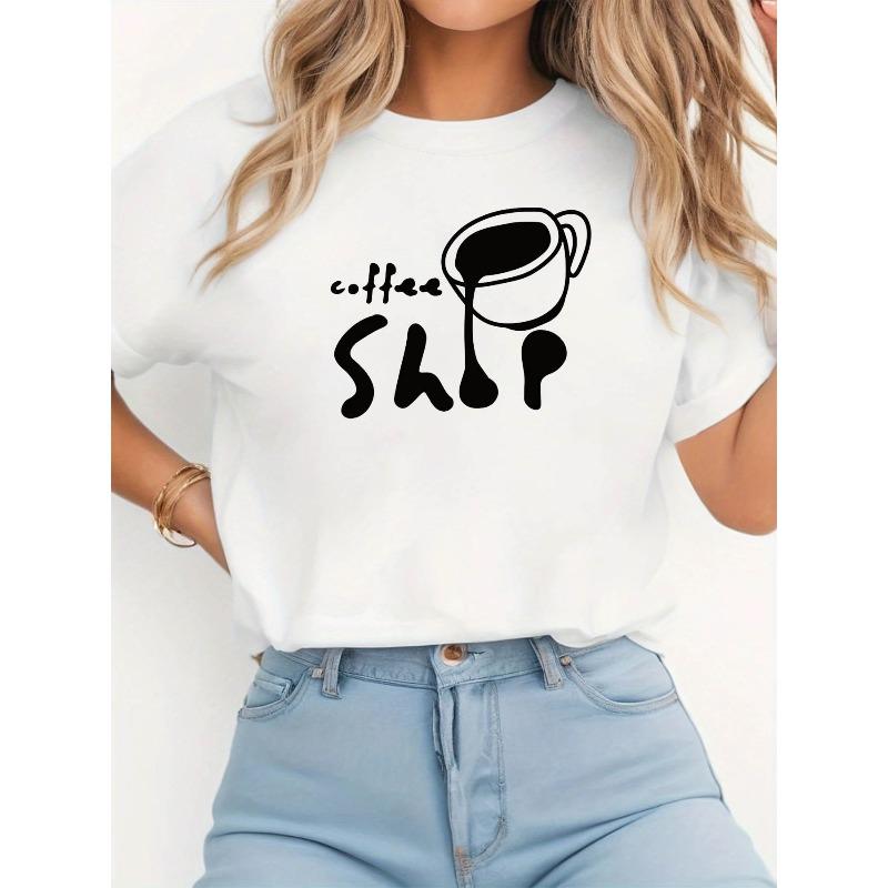 

Women s Plus Size Coffee SHIP Graphic T-Shirt - Short Sleeve Crew Neck Casual Blouse Top with Coffee Bean & SHIP Print, Suitable for Coffee Lovers, S белый