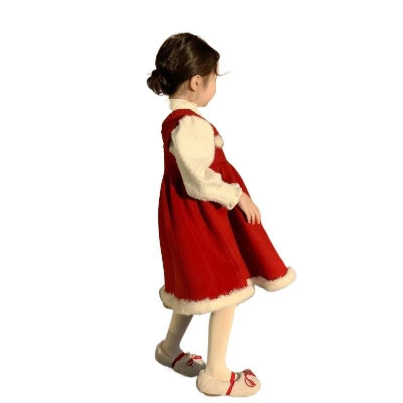 Adorable Korean Children's Red Vest Dress Set For Girls Featuring Cozy Knitted Sweater For Christmas And New Year