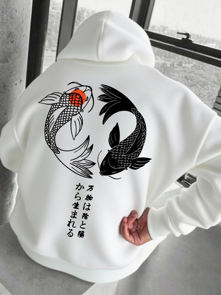 Felpa con cappuccio unisex uomo donna Pesce Koi Stampa Lettere Giapponesi Felpa con cappuccio Manica lunga Top con tasca a marsupio