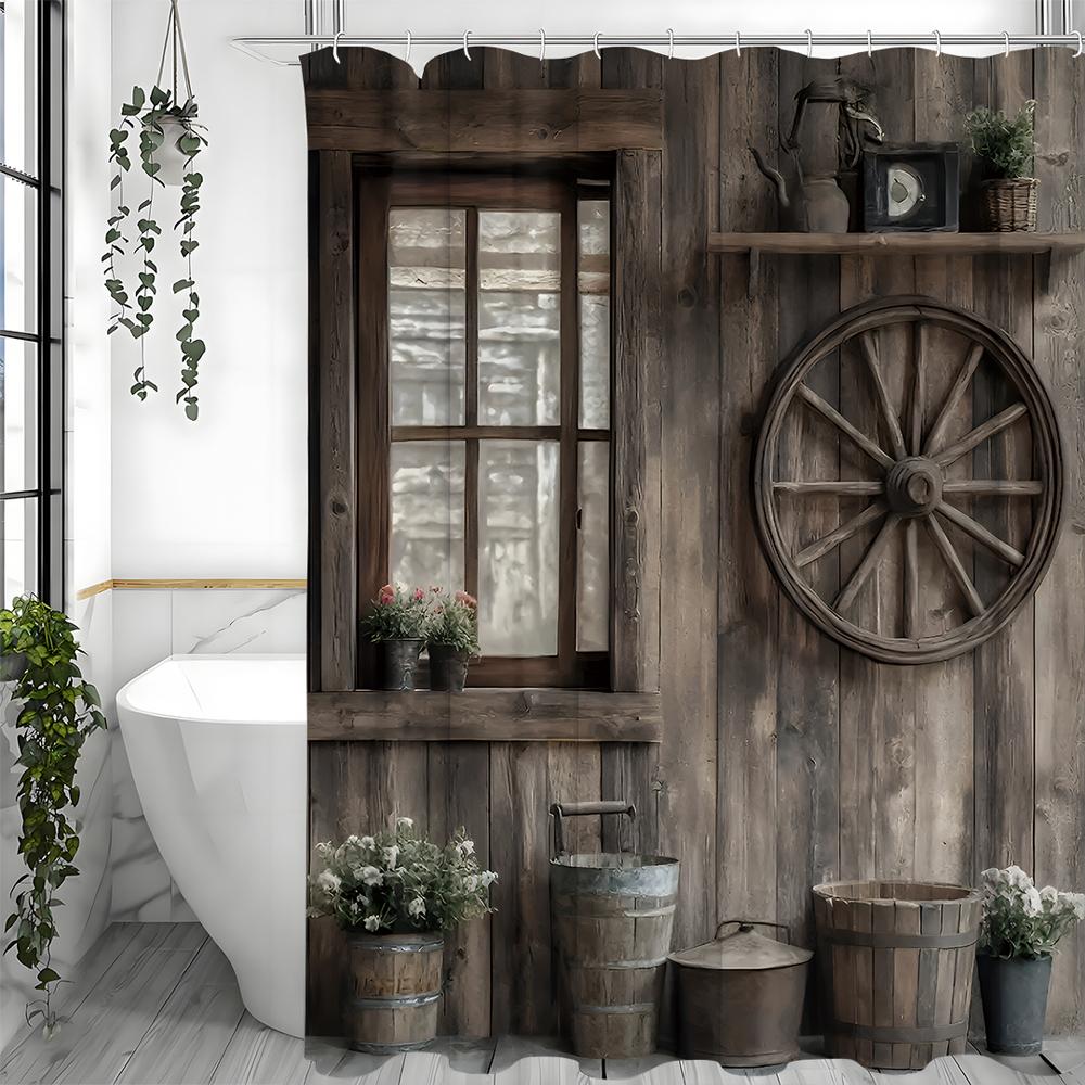 Timmerstuga Hjul Planteringskar Duschdraperi, Badrum Dekorativt Duschdraperi, Vattentätt Duschdraperi med Krokar