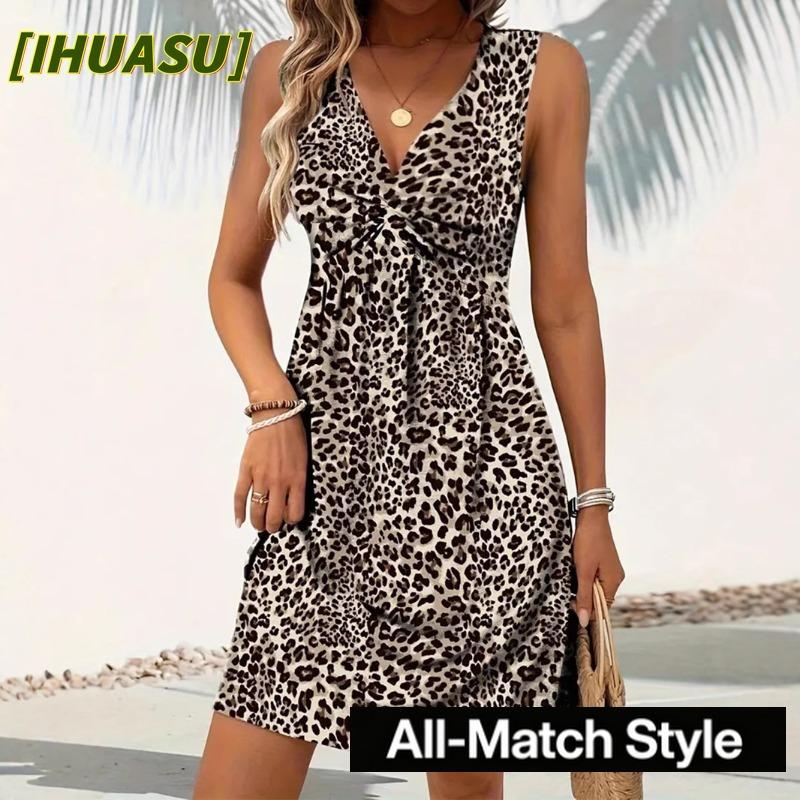 QICED Fashion Autumn Winter Solid Color Print Sleeveless V-Neck Casual Dresses