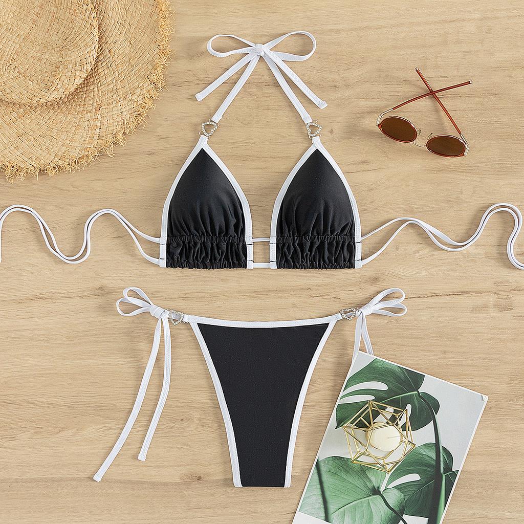 Color Block Tie Thong Sexy Two Piece Bikini Set Elegant Comfortable Swimwear