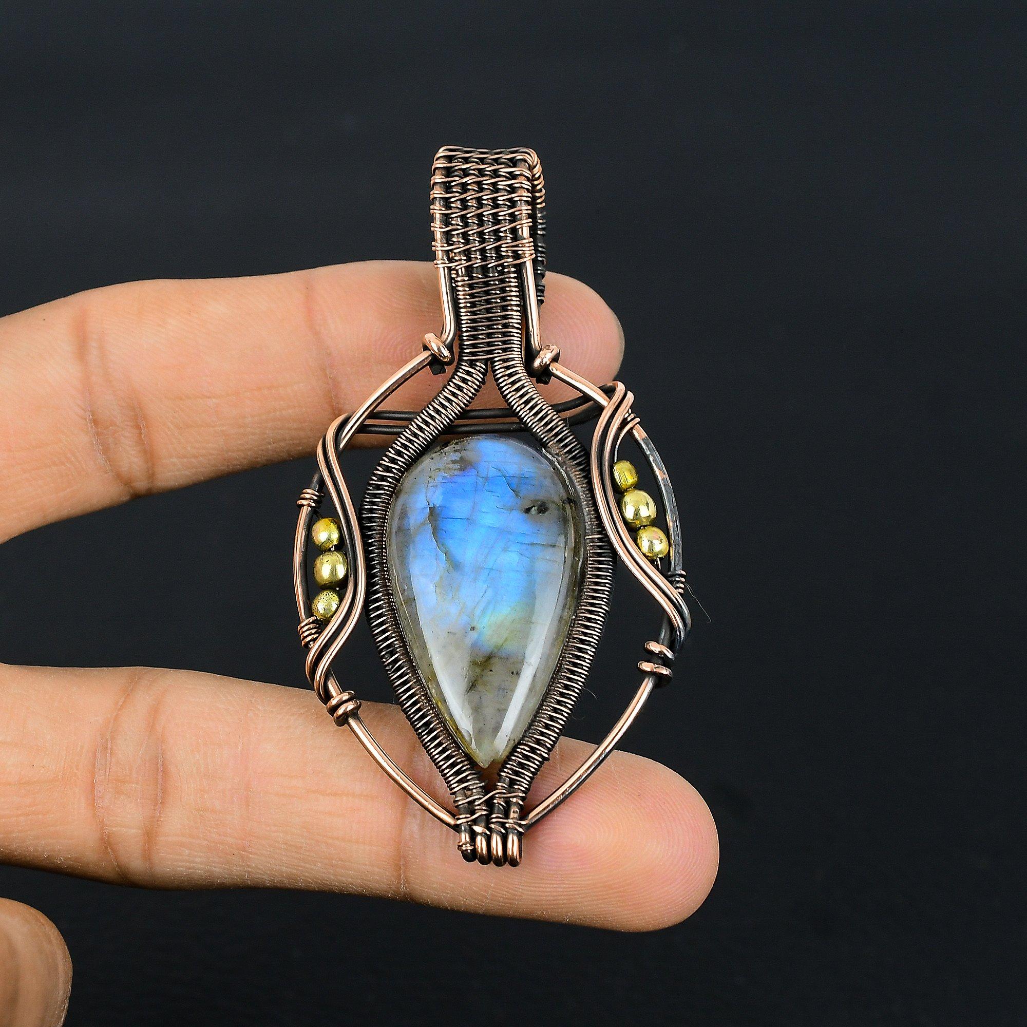 

Кулон из лунного камня, обернутый медной проволокой 999 пробы, кулон из драгоценного камня ручной работы, подарок для мамы, антикварное украшение 2.55 Inches