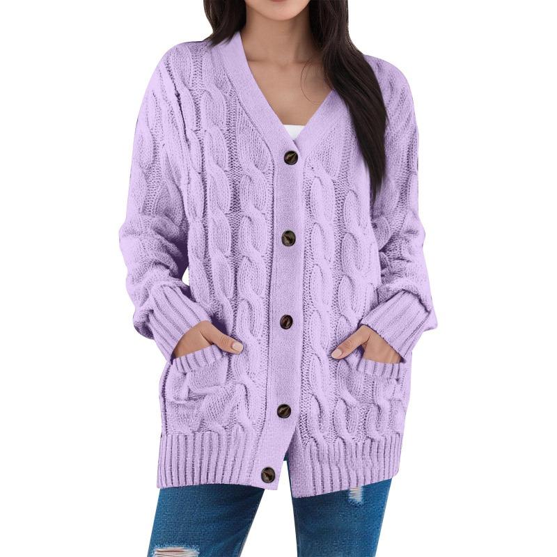 Damenmode Einfarbige Lässige Strickjacke Zopfmuster Knopf Strickjackenpullover