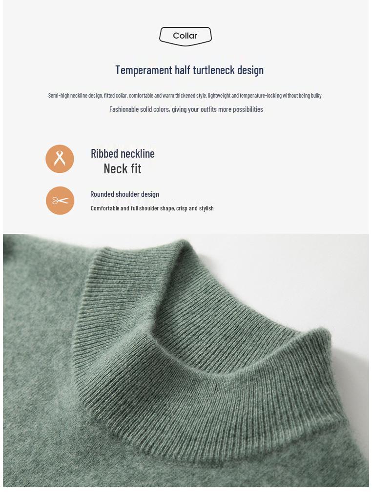 Men's Autumn Winter Wool Cashmere Pullover Sweater, Half High Neck, Solid Color, Plus Size