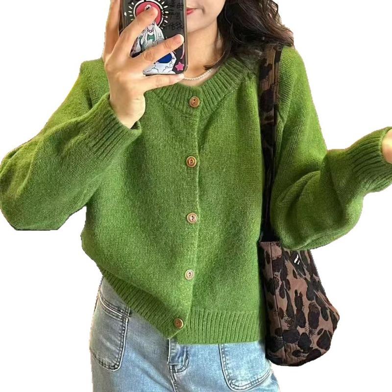 Autumn new crew neck knitted cardigan top women's loose casual and thin soft waxy sweater jacket