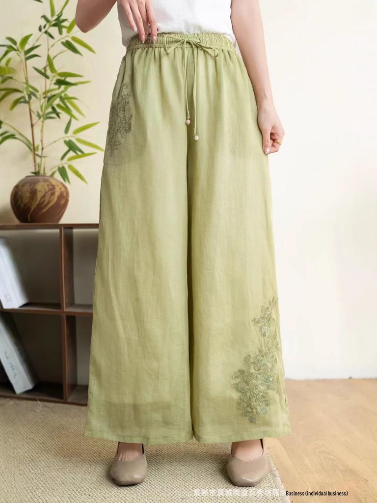 2026 Sommer Damen bestickte Leinen-Hose mit weitem Bein und Kordelzug