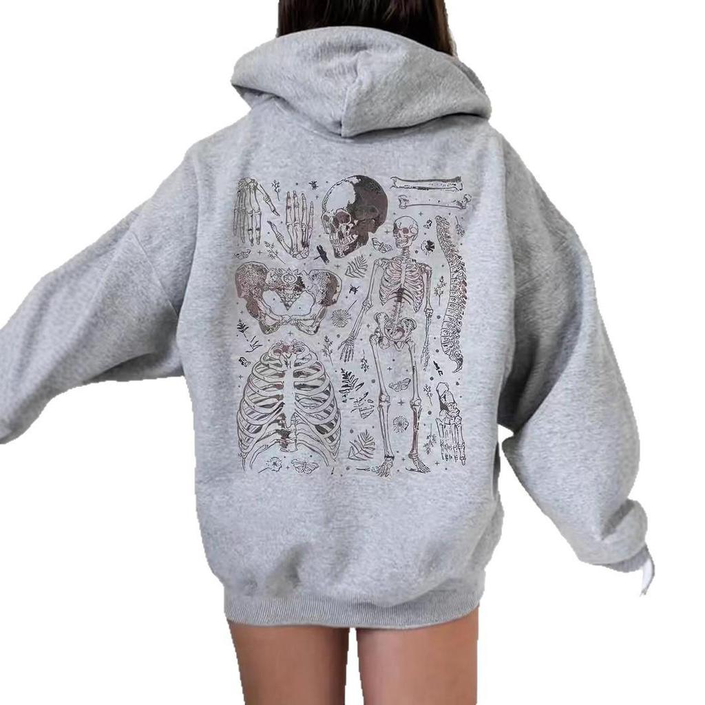 Women's Fleece-Lined Skull Print Hoodie with Kangaroo Pocket