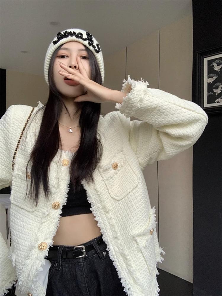 Button Up Jackets for Women Autumn Winter  Vintage New Pockets O Neck Tweed Jacket Casual Long Sleeve Chic Coats