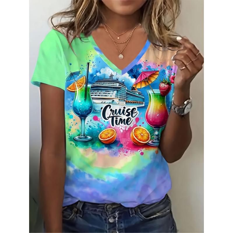 

Bright printed T-shirt, 3D printed tropical cruise V-neck T-shirt, casual summer vacation top S