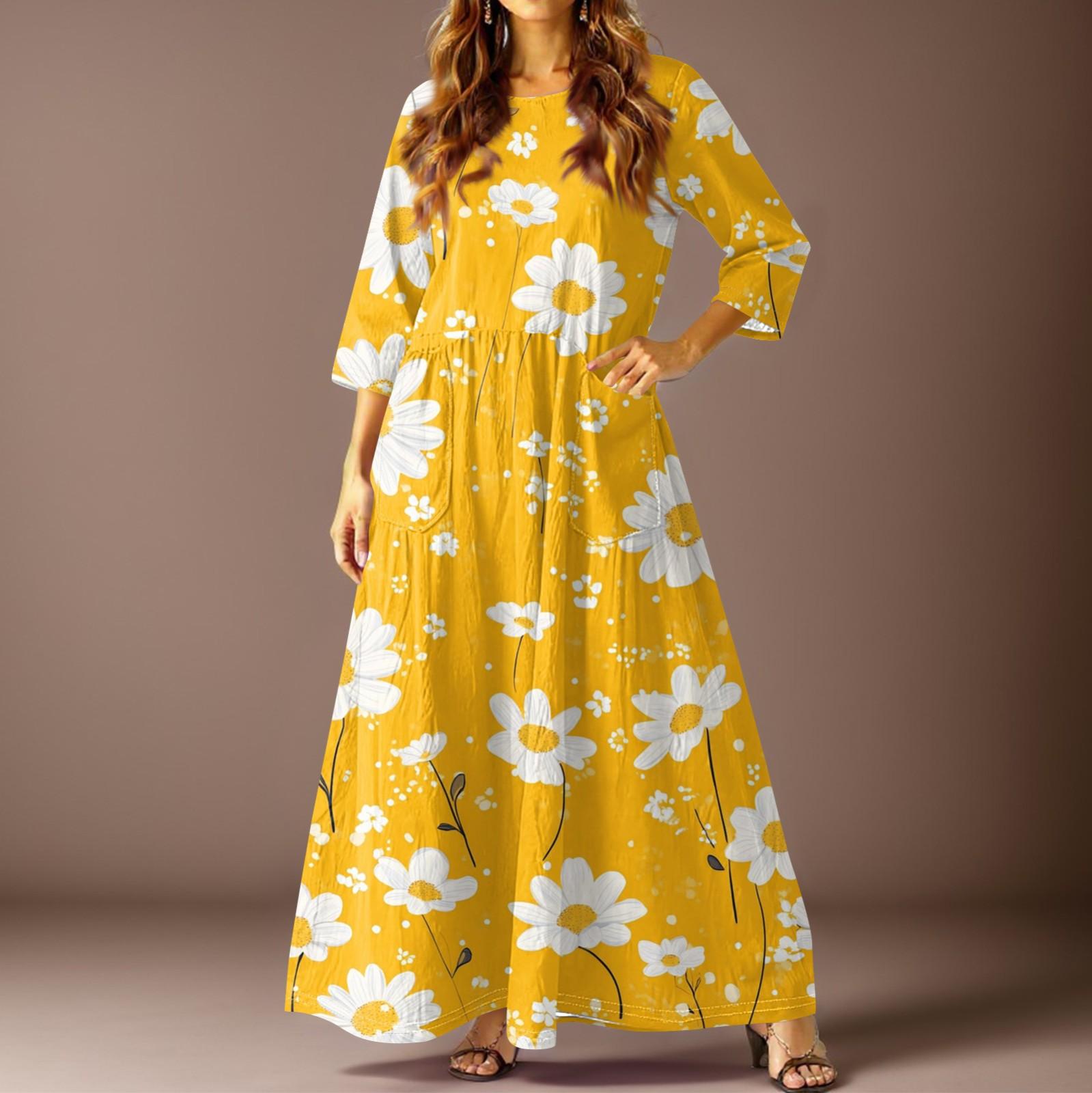 

Женское повседневное модное платье с цветочным принтом, рукавом три четверти и карманами XXL жёлтый