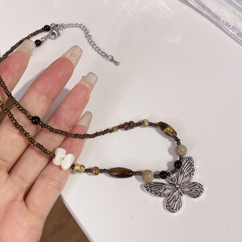 Retro Beaded Butterfly Necklace Women's Light Luxury Niche Sweater Chain Autumn and Winter Sweet and Cool Girls Jewelry Accessories