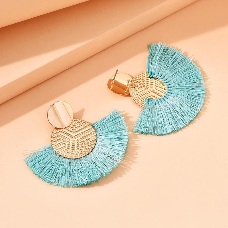 1 Pair Fashion Bohemian Style Fan-shaped Tassel Dangle Earrings For Women Girls Statement Drop Earrings Zircon Accessories