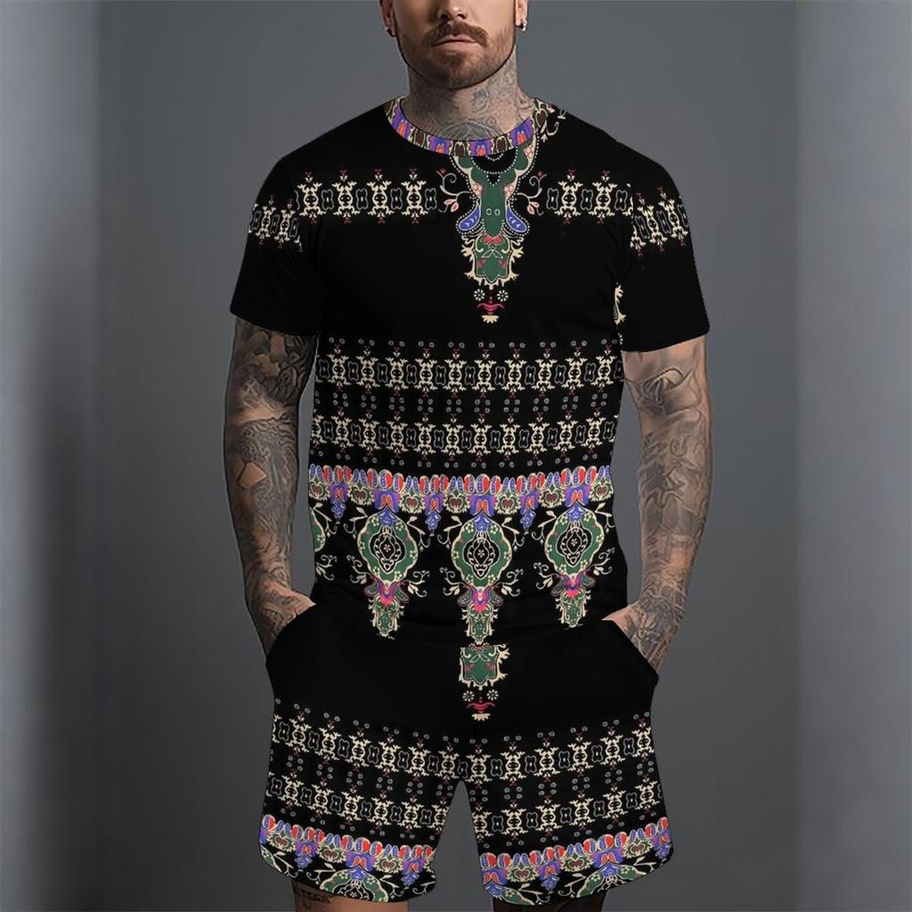 Men Diagonal Orange Yellow Stripe Split Print Short Sleeve Tee And Matching Shorts Two Piece Outfit