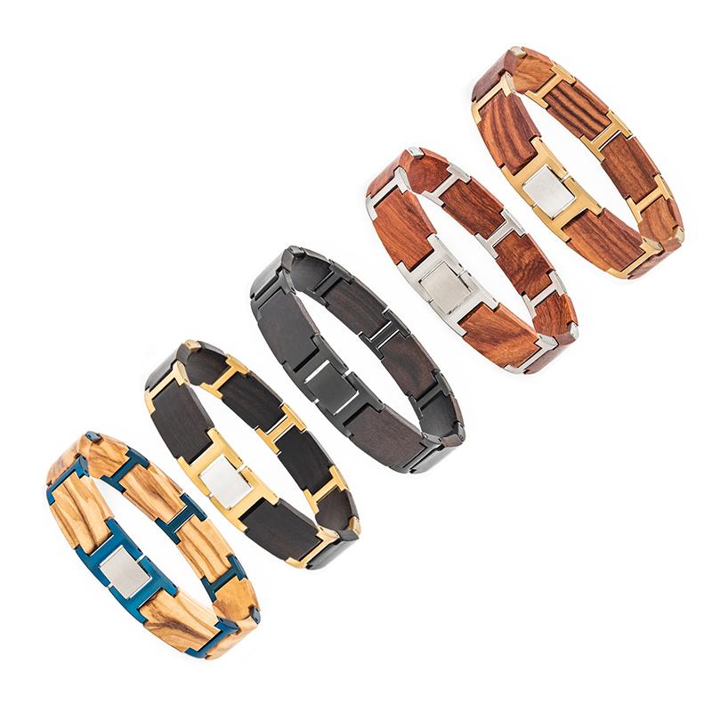 Custom Natural Wood Stainless Steel Link Casual/Sporty Unisex Adjustable Size Gift Fashion Bracelet
