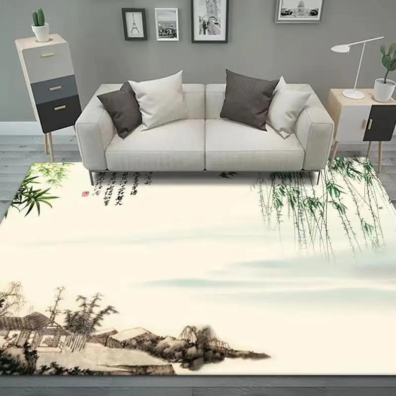 Pink Peach Blossom Ink Landscape Rug, Elegant Chinese-Style Home Decor Carpet with Poetic Mountain-Water Charm for Living Space