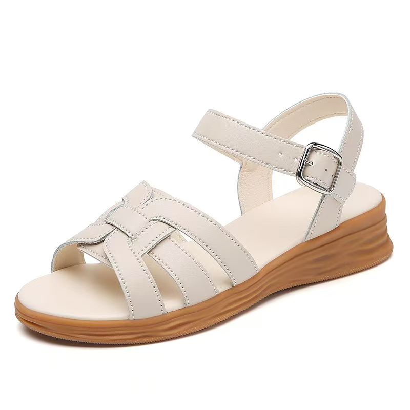 Summer New Leather Flat Sole Middle Aged And Elderly Sandals Soft Sole Non Slip Open Toe Lightweight Outdoor Beach  Sandals