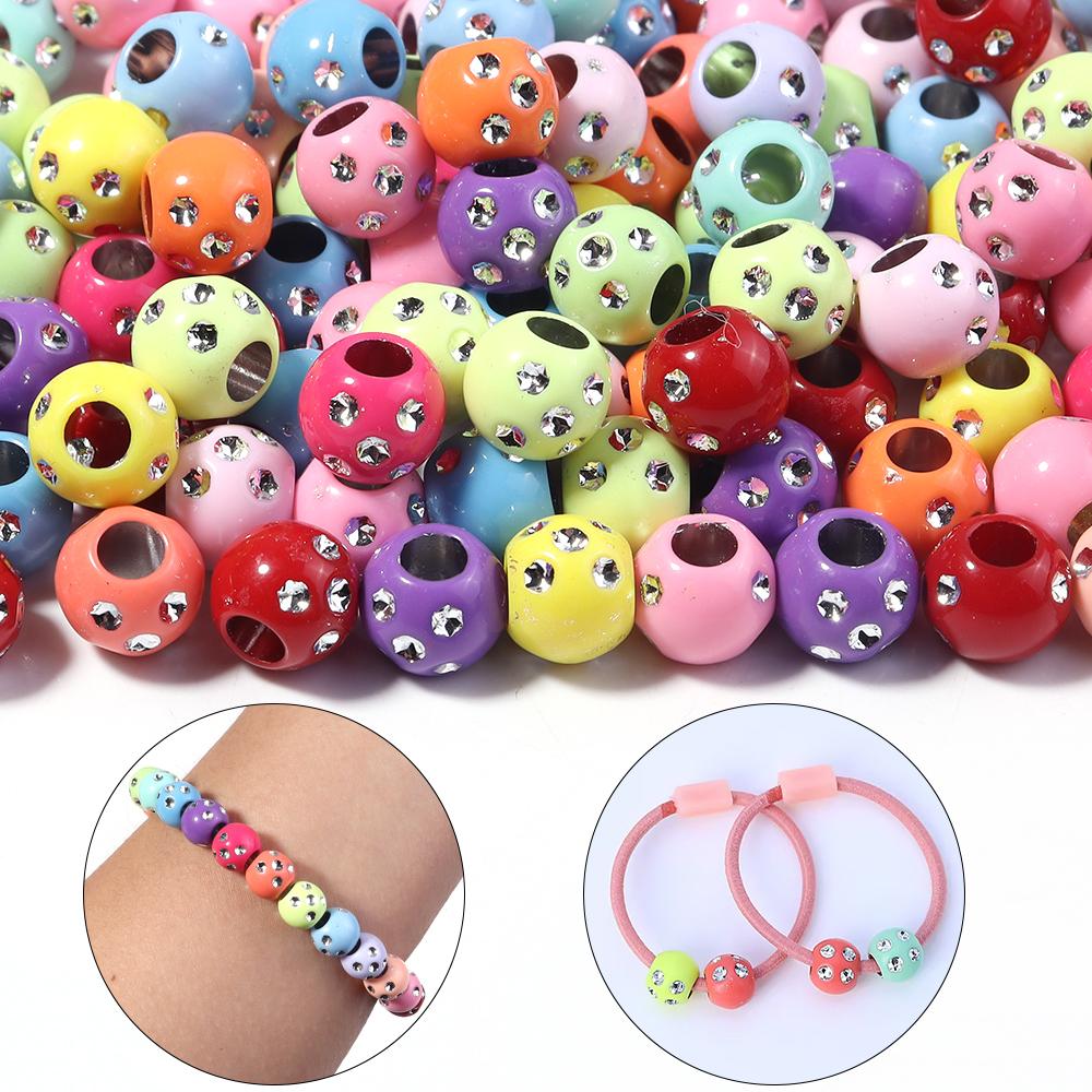 100pcs 9mm Rhinestone Acrylic Beads Shiny Mixed Color Big Hole Round Loose Beads For Jewelry Making DIY Bracelets Headwear Decor