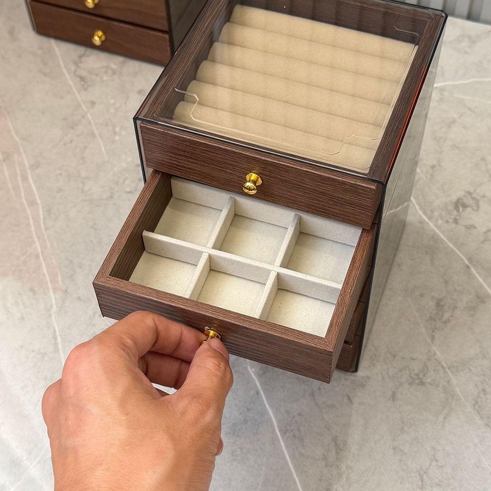 Dust-proof Wooden Walnut Grain Jewelry Box 3/5 Layers Desktop Storage Case Counter Show Case