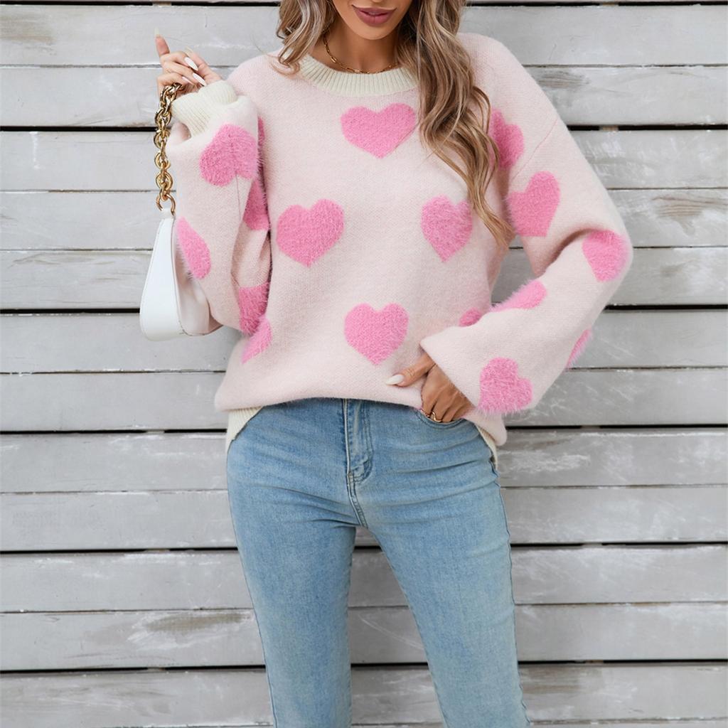 Suéter de Punto de Fondo de Moda Casual para Mujer con Cuello Redondo y Corazón