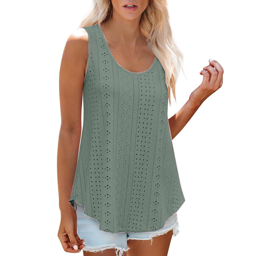 Sleeveless Eyelet Lace Tank Top for Women Casual Summer Scoop Neck Loose Fit Blouse Hollow Out Lightweight Shirt