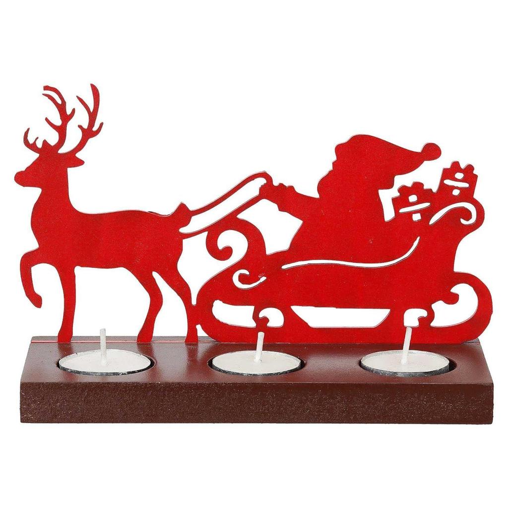 Santa Clause with Reindeer Sleigh Showpiece Decorative Tea Light Candle Holders(Wooden, Red)| Christmas Decoration Items