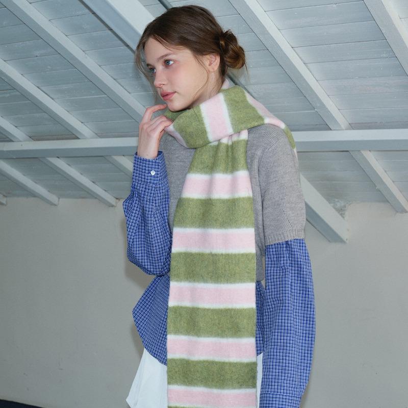 Korean Style Wool Blend Furry Striped Scarf Women Autumn Winter Small Soft Neck Warmer Muffler Female High Quality Thermal Wrap