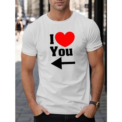 Men's Stylish I Love You Pattern T-Shirt, Casual Breathable Crew Neck Short Sleeve Tee Top For City Walk Street Hanging Outdoor Activities
