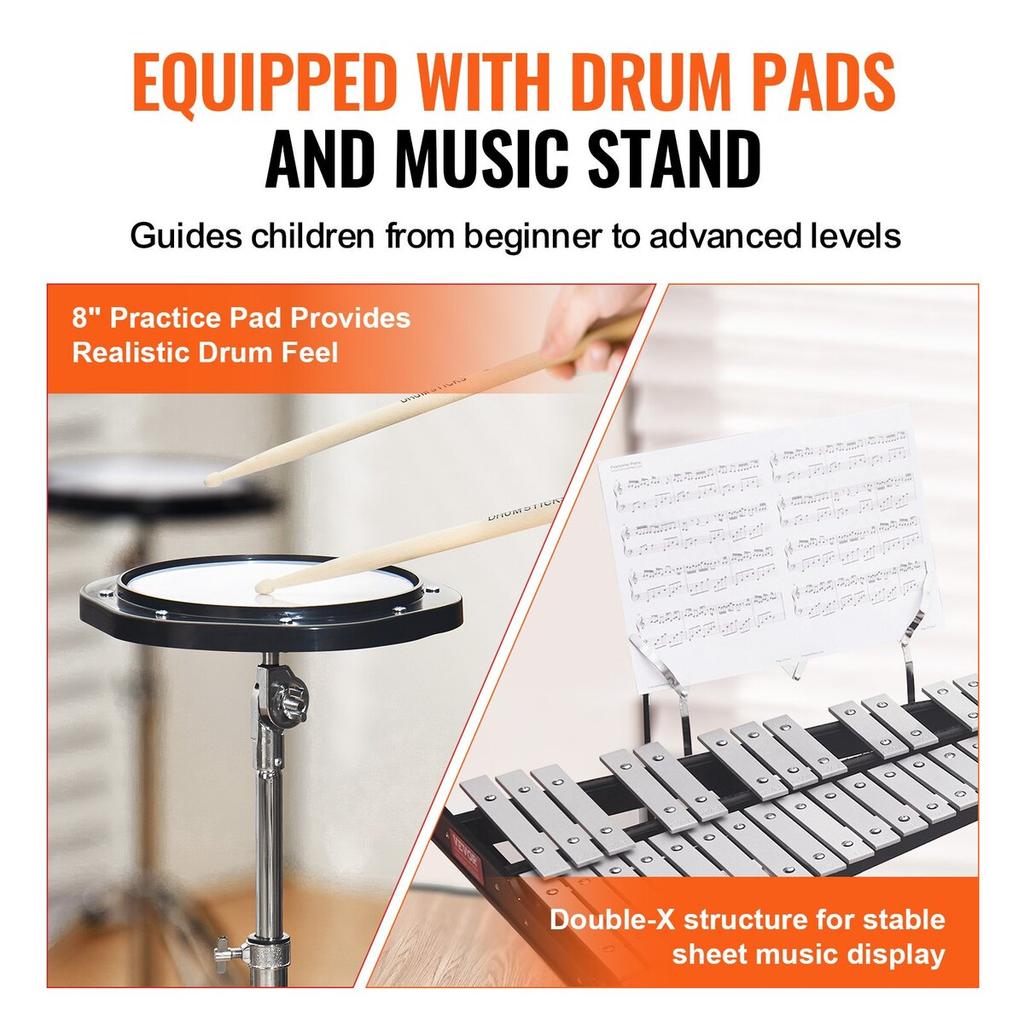 32 Note Glockenspiel Xylophone Bell Kit with Mallets, Stand & Practice Pad
