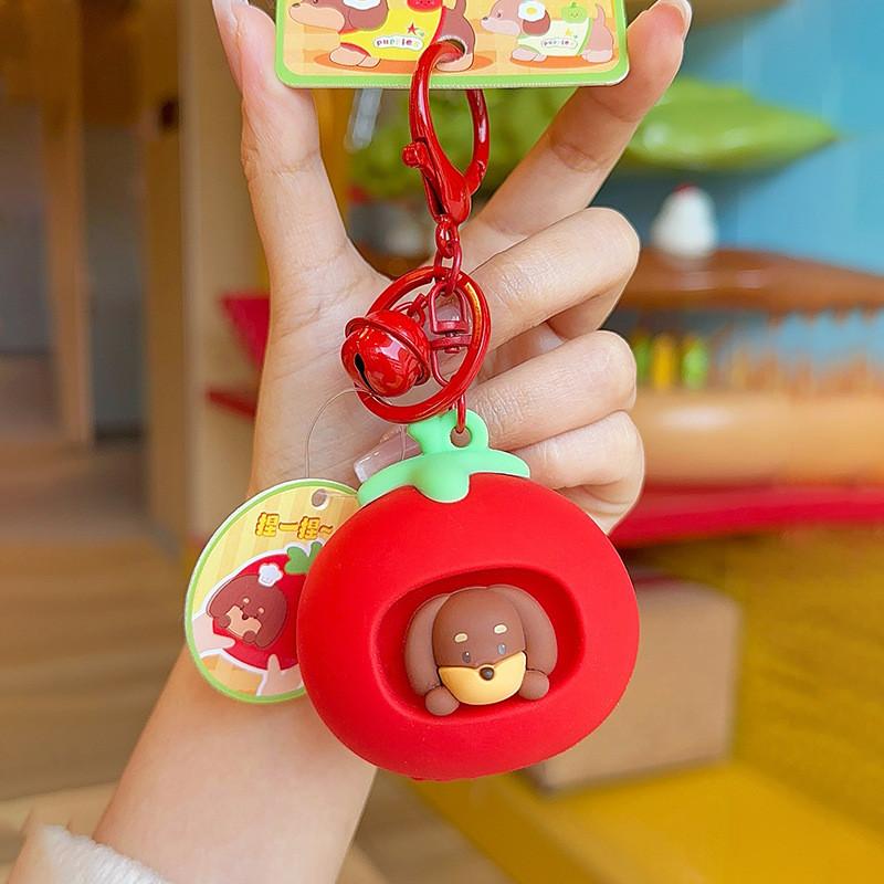 Tomato Green Pepper Dachshund Silicone Keychain With Playful Design Squeezable