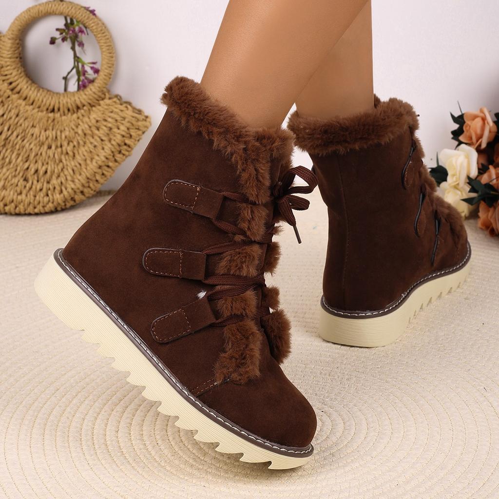 Women Flats Ankle Boots Suede Fur Shoes 2025 New Winter Snow Boots Short Plush Woman Sneakers Casual Lace Up Botas Mujer