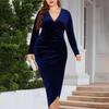 Women's Fashion Plus Size Solid Color V Neck Long Sleeve Velvet Sheath Dress Sexy Pleated