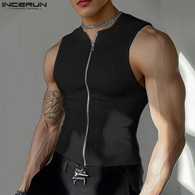 Men Summer Sleeveless Rib Zipper Casual Skinny Tank Tops