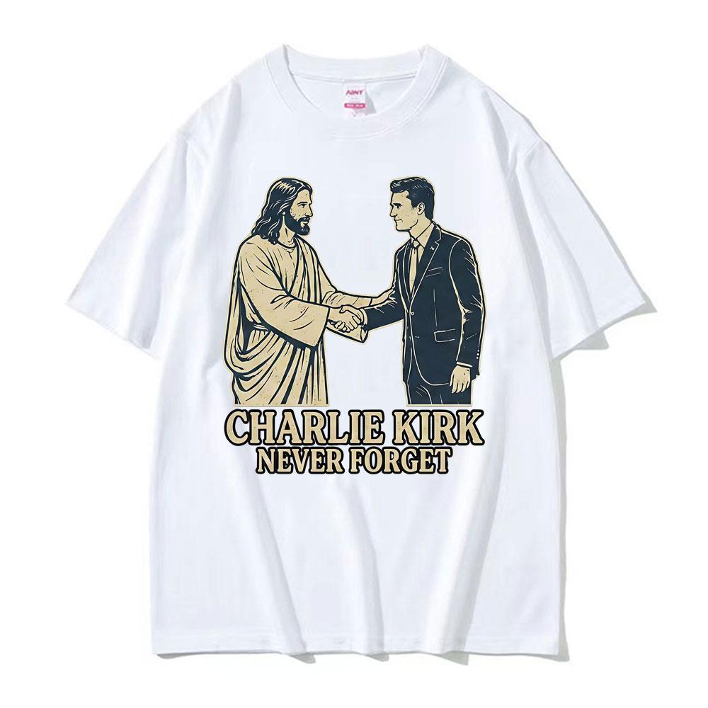 Charlie Kirk Never Forget Handschlag Lustiges T-Shirt Unisex Damenmode Sommer Kurzarm-T-Shirts Baumwolle Locker Übergröße T-Shirt