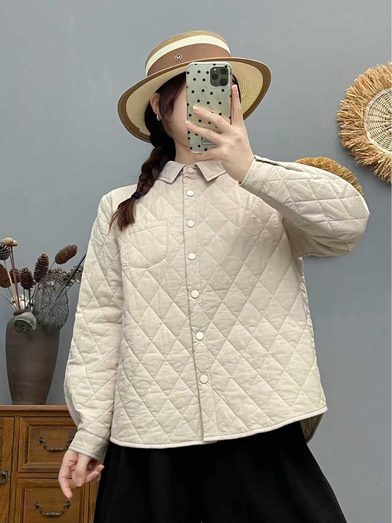 Women's Loose Fit Plaid Padded Cotton Jacket - Winter Diamond Pattern