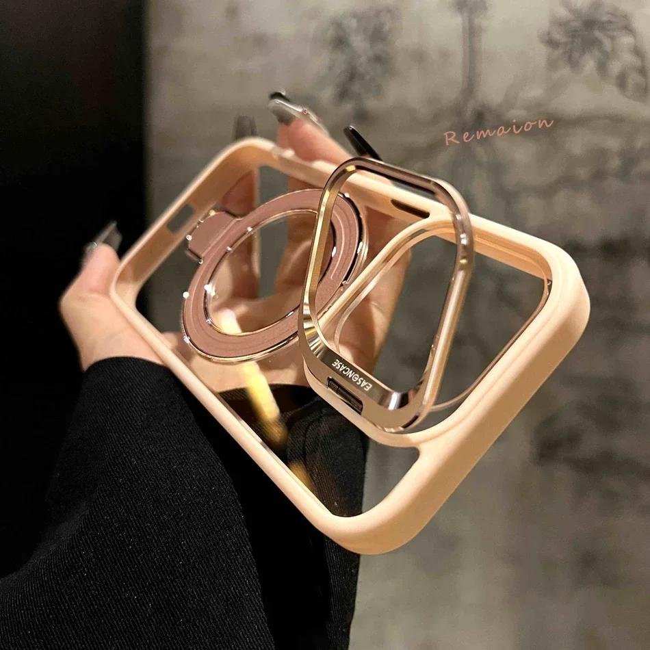 New Gold 16 Magnetic Glass Lens Stand Phone Case for iPhone 16 11 13 15 12 14 Pro Max 16 Plus Funda Magsafe Clear Cases Cover