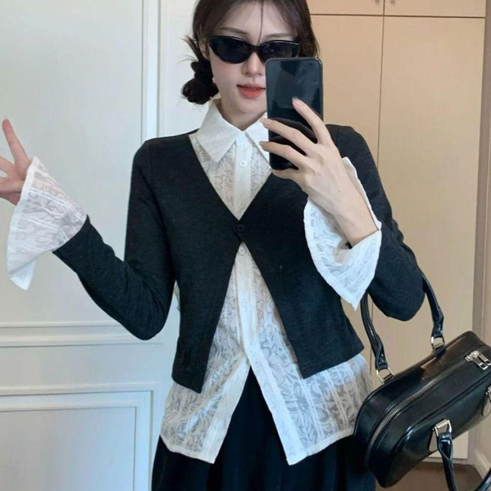 Flip Collar False Two-piece Top Slim Fit Lace Long Sleeved Knitwear Ins Lace Shirts Knitwear  Party