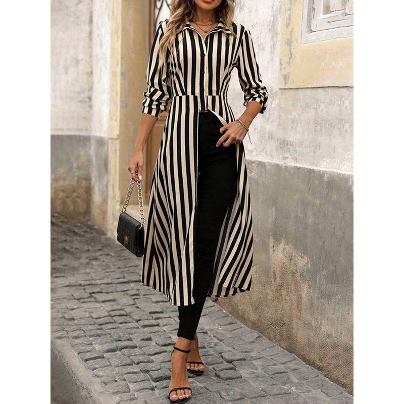

European and American Top Women clothes Elegant Casual Stripe Cardigan Long sleeve Shirt Dress Mid-Length Shirt Dress Beige XL