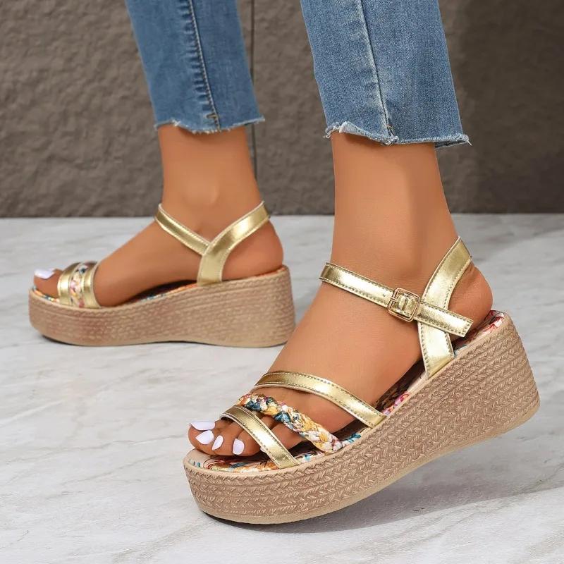 Fashion Shoes for Women One-word Buckle Women's Sandals Summer Solid Open Toe High Heels Water Proof Daily Sandals Women