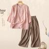 Southeast Asia Retro Embroidered Cotton-Linen Two-Piece Set: Seven-Sleeve Shirt & Wide-Leg Pants